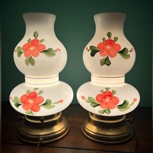 Vintage Pair 50s Milk Glass Hand Painted Table Boudoir Lamps 10 1/2" Electric